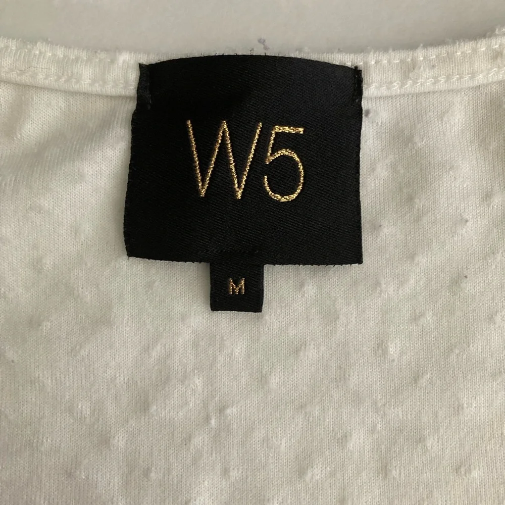 W5 | Women’s White Swiss Dot V-Neck 3/4 Sleeve Button Down Blouse - Picture 7 of 7